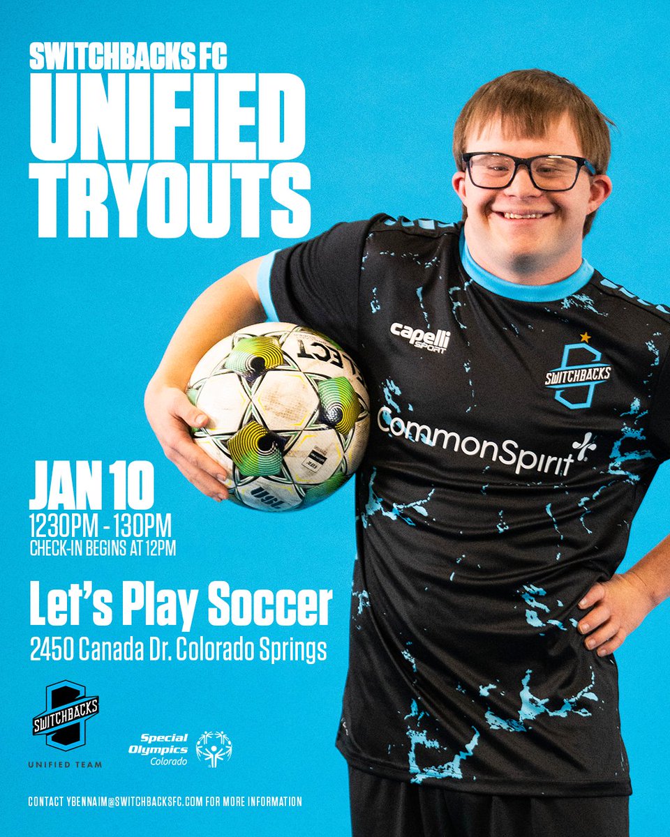 SwitchbacksFC's tweet image. Unified Tryouts are HERE!

Join us on January 10 for a chance to be part of the Switchbacks Unified Team.

📍 2450 Canada Dr., Colorado Springs
⏰ Check-in at 12pm | Tryouts 12:30–1:30pm

Sign up HERE: bit.ly/4o5yP4Q

#switchbacksfc #coloradosprings