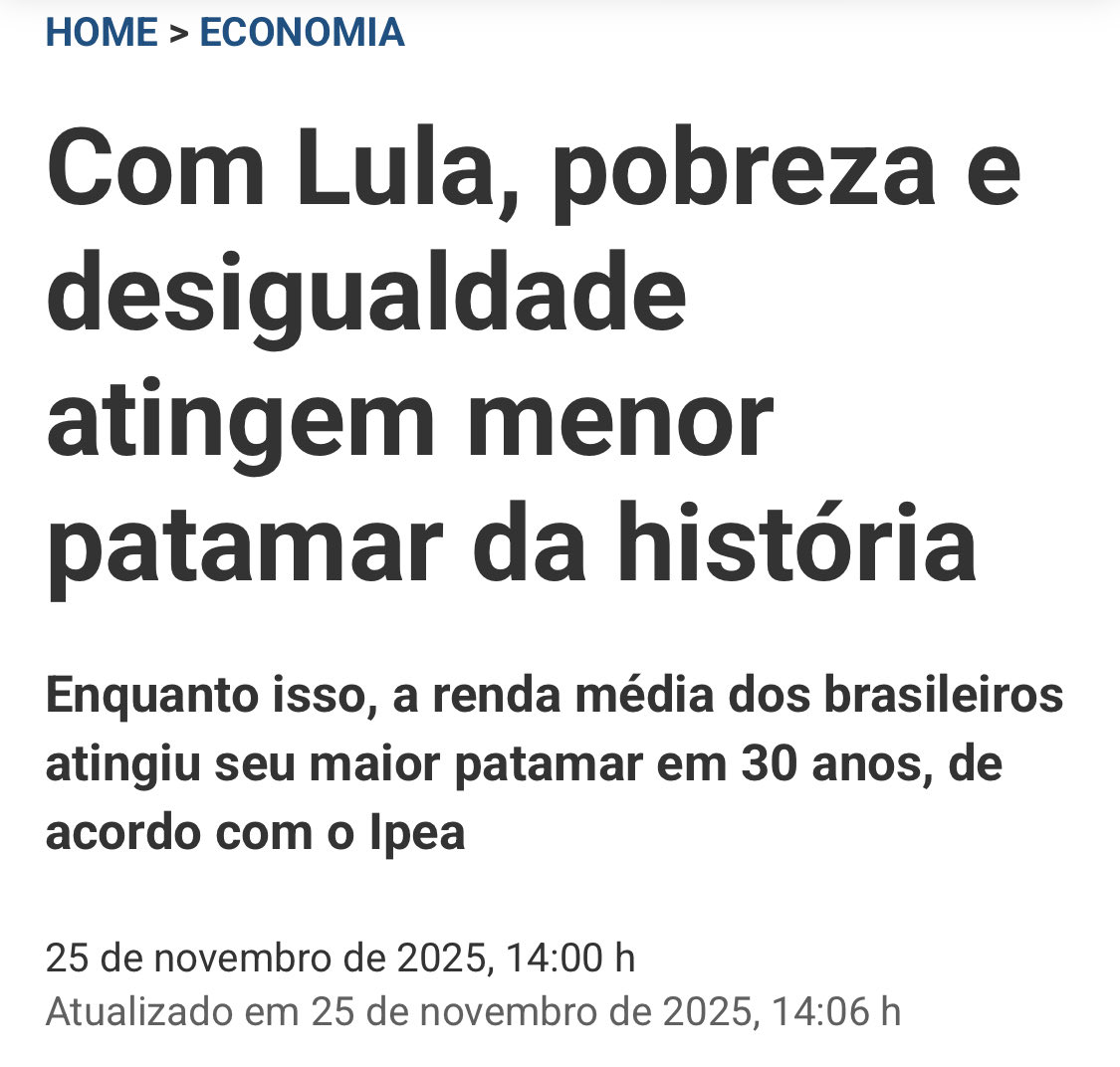 Com Lula, pobreza e desigualdade atingem menor patamar da história. A renda média dos brasileiros atingiu seu maior patamar em 30 anos, de acordo com IPEA.