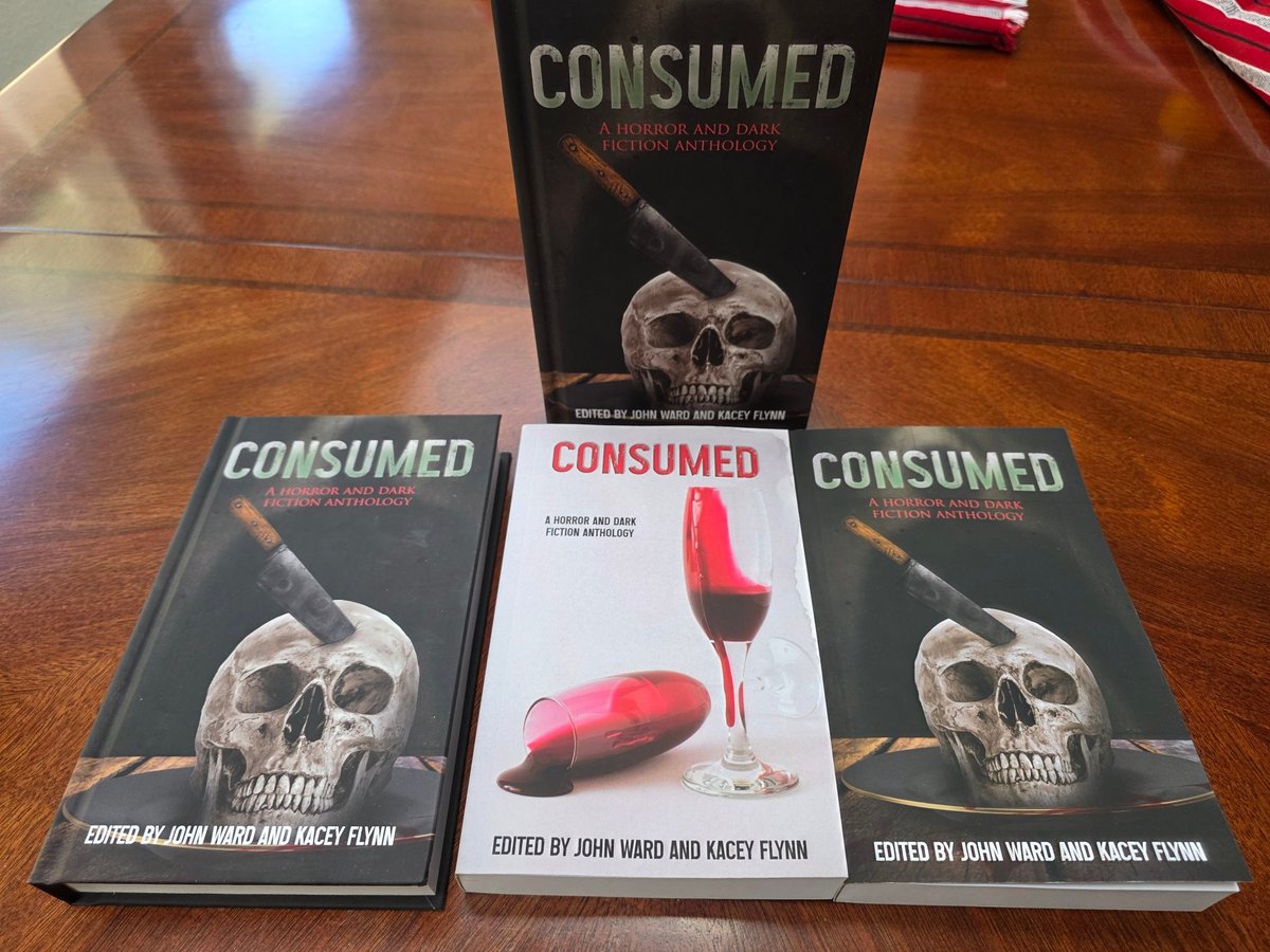 It's a good mail day!!! I received my physical books of the "Consumed" food horror anthology!!! Published by
Arbutus Studios.
Hardcover, paperback, and variant cover. It includes one of my stories!