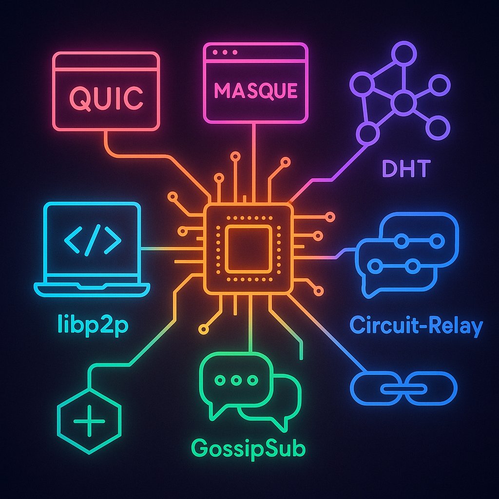 fidonext's tweet image. FidoNext treats Rust + libp2p as the “OS” of the mesh: QUIC, MASQUE, DHT, GossipSub, Circuit-Relay, all wired into one async runtime. No vendor cloud, just a programmable network stack you run at the edge.  
#FidoNext #RustLang #libp2p #P2P #DistributedSystems