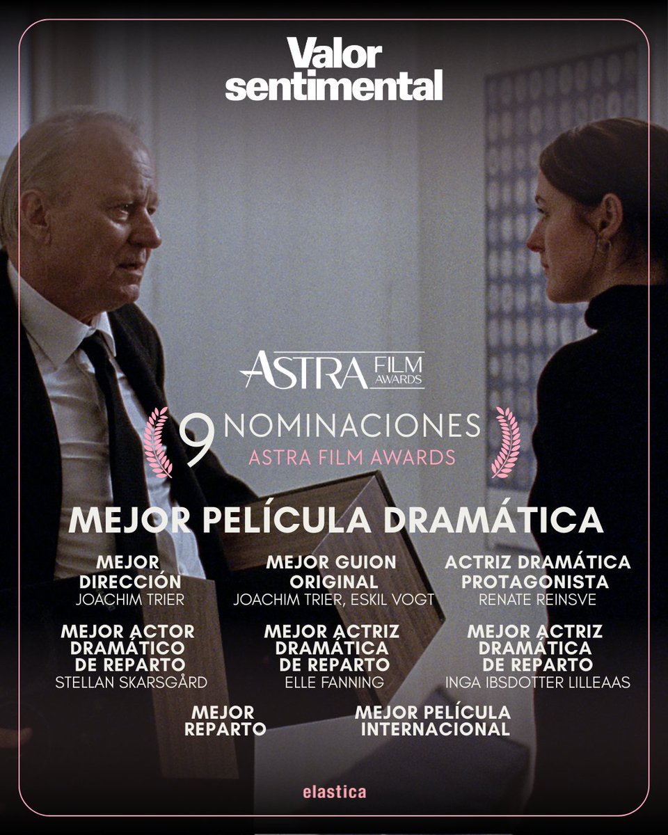 ElasticaFilms's tweet image. ⭐️#ValorSentimental es el segundo largometraje con más nominaciones en @TheAstraAwards y afianza su carrera hacia los #Oscars2026. 

Qué maravilla ver nominado a todo el elenco principal, en conjunto y por separado. 💖

👉theastras.com/the-2025-astra…