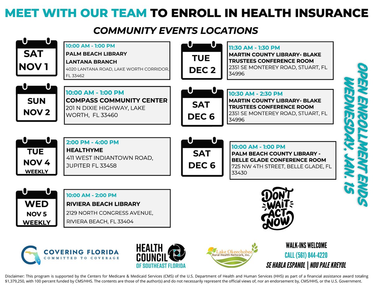 HCSEF's tweet photo. Need Help with Health Insurance? Call or visit to connect with a Navigator from the Covering Florida Navigator Program at HCSEF.  Join us at the Martin County Library- Tuesday, December 2nd and Saturday, December 6th. Walk-ins are welcome! #CoveringFlorida #CFNP #HCSEF https://t.co/S1Eu0qTHYi