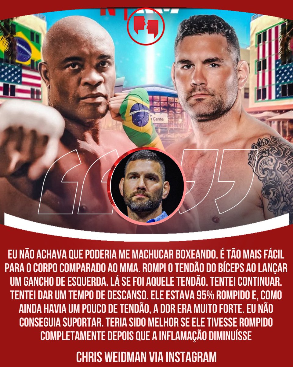 AgFight's tweet image. LESÃO REVELADA ❌

Chris Weidman explica por que precisou abandonar duelo com Anderson após ruptura de tendão.

#Boxe #ChrisWeidman #AndersonSilva