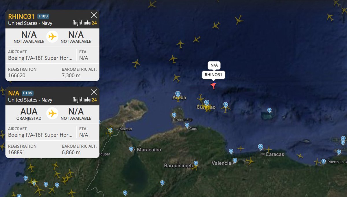 OSINTInsight_'s tweet photo. Two U.S. Navy F/A-18 aircraft, callsign RHINO31 and N/A, are currently operating off the coast of Venezuela. https://t.co/WZEQpMu8EG