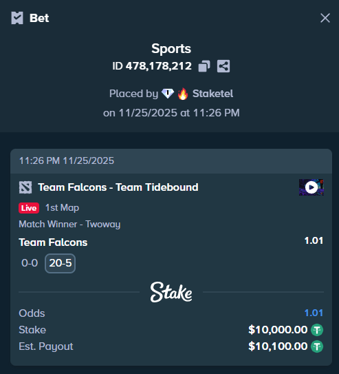 Staketel's tweet image. all the bonuses are opened on the Stake - t.me/WhataBet

Rakeback and monthly reload for all new players!

#Crypto #cryptocurrency #CryptoTwitter #casino #win #GamblingTwitter #sportbetting 
Team Falcons - Team Tidebound