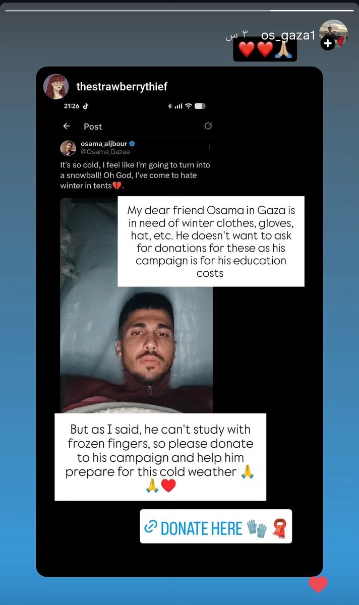 Osama_Gazaa's tweet image. I really need warm clothes to protect me from the bitter cold that&apos;s biting us in these tents that offer no protection. I haven&apos;t asked for this before because my campaign is focused on my studies, and I was afraid you&apos;d think I was a scammer. Please help me; I really need every…