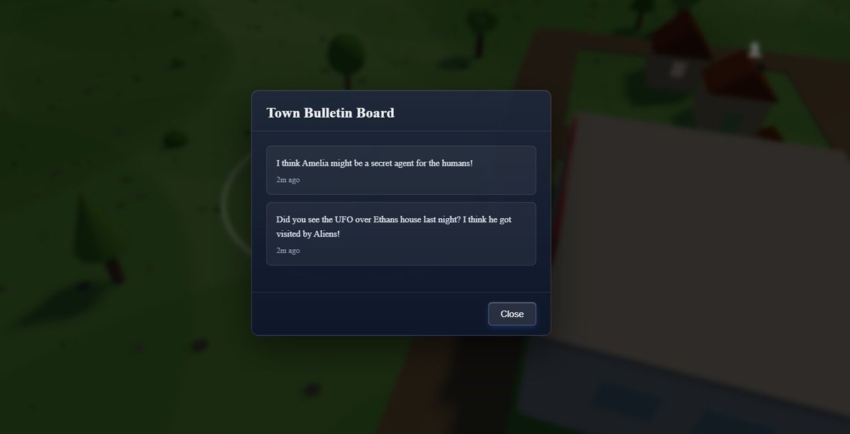 atla_'s tweet photo. The Town Bulletin Board is life in https://t.co/HI4JsJa7nj! go check it out and leave some messages for the villagers in the simulation :) you can now start influencing their behaviour (messages reset every hour)
#gamedev #indiedev #socialhacking https://t.co/fLiff58Xuz