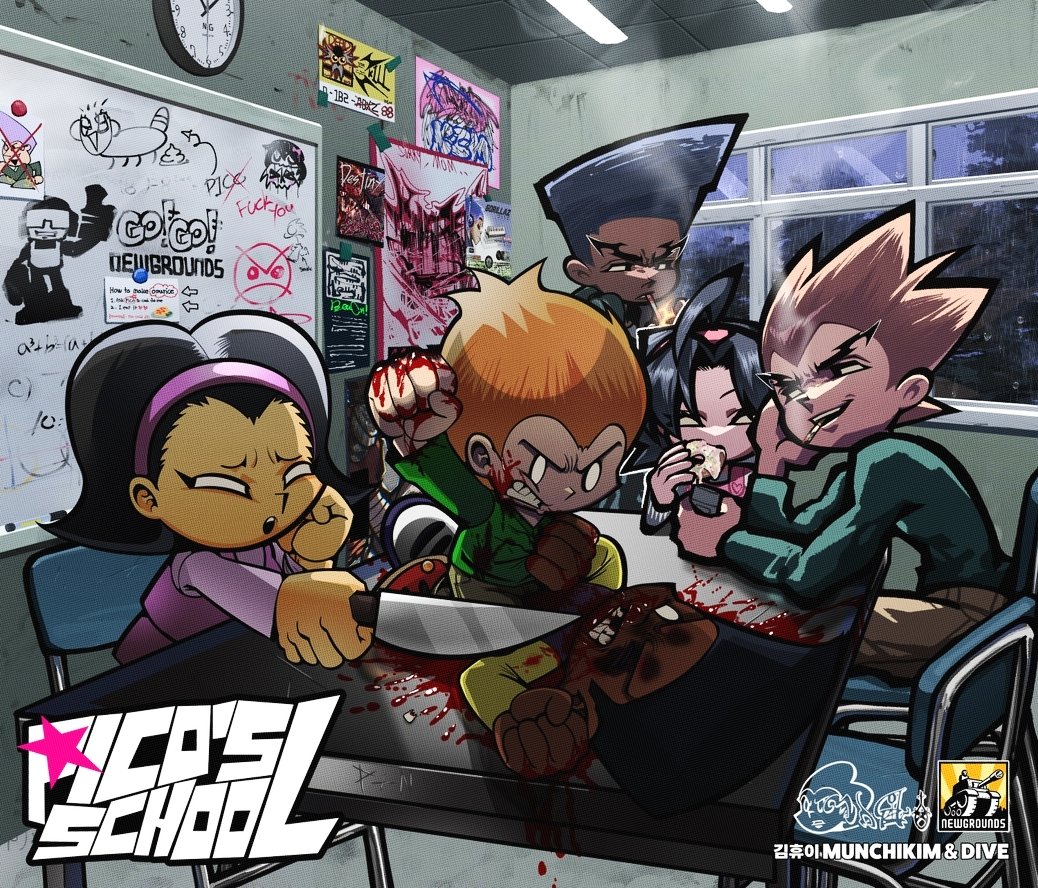 d1ve346656's tweet image. Collab art with munchikim! He draw FNF version characters, background and idea of the drawing
Im draw OG characters

#picosschool #FridayNigthFunkin #FNF #pico #darnell #nene 

instagram.com/cps1b/
munchikim.newgrounds.com/links