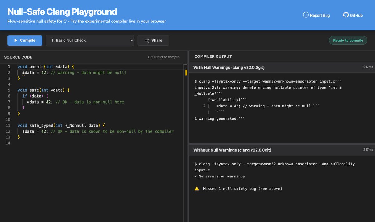 cs01_software's tweet image. Nullsafe C is a new (experimental) compiler that catches null dereferencing at compile time. cs01.github.io/llvm-project/