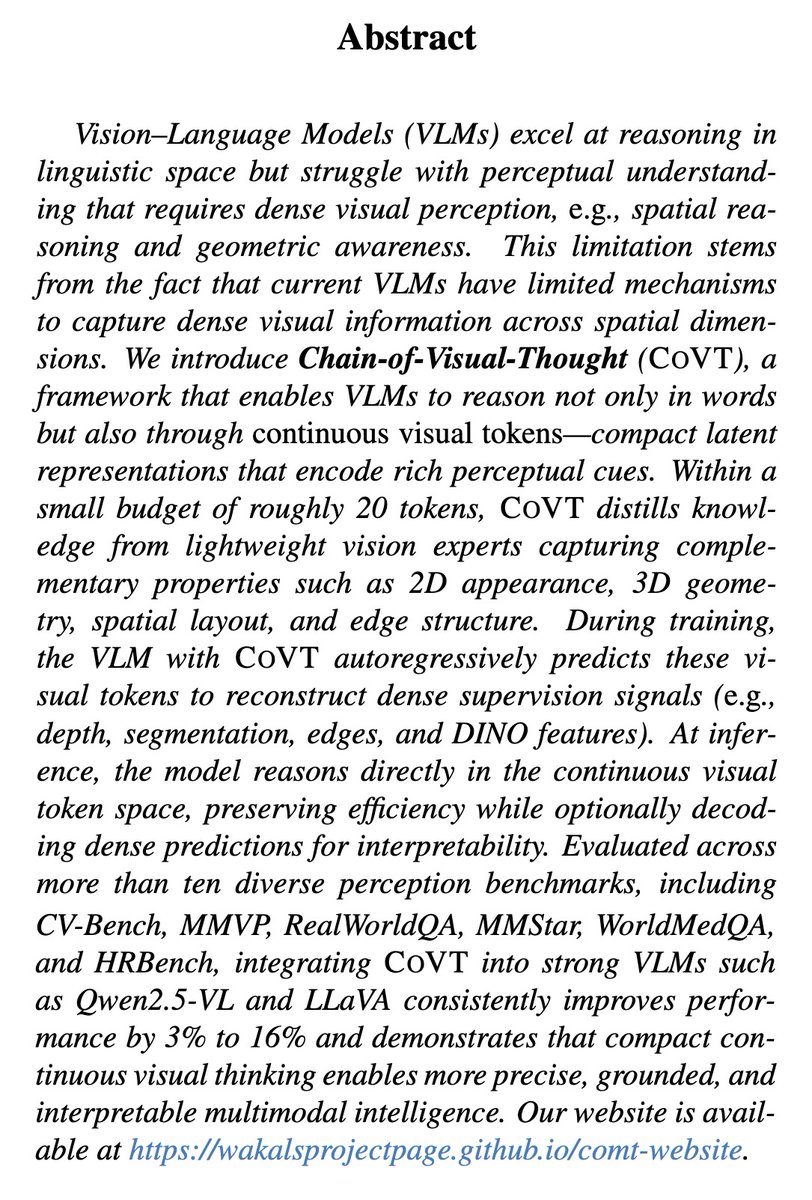 fly51fly's tweet image. [CV] Chain-of-Visual-Thought: Teaching VLMs to See and Think Better with Continuous Visual Tokens
Y Qin, B Wei, J Ge, K Kallidromitis... [UC Berkeley &amp;amp; UCLA] (2025)
arxiv.org/abs/2511.19418