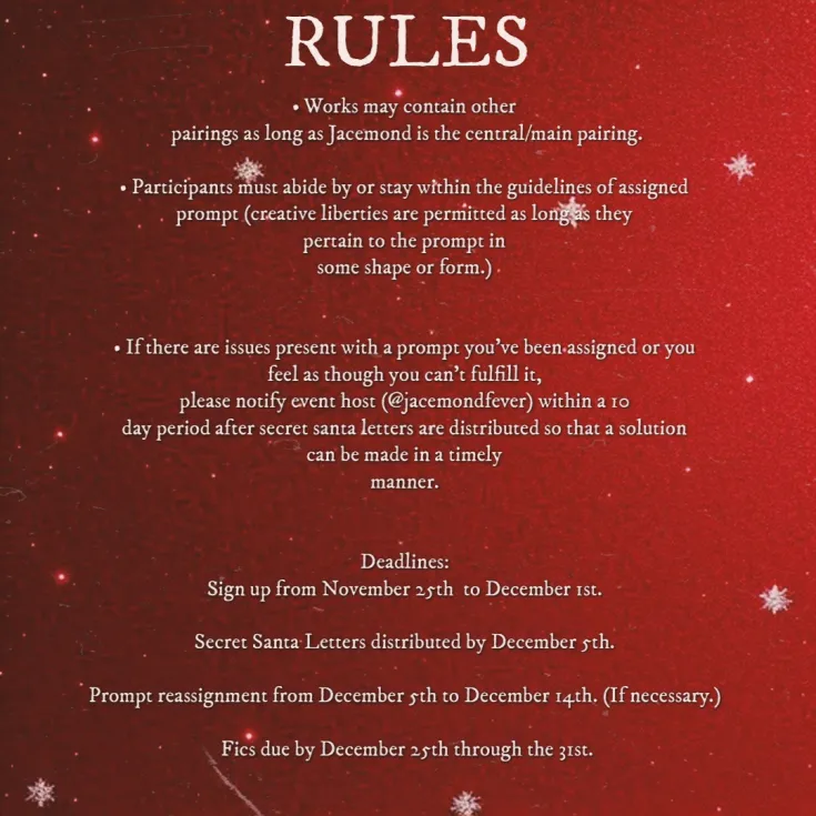 Introducing the Jacemond Christmas Exchange! Our spin on Secret Santa where you send in your #Jacemond fic prompts and get matched to write one for someone else!