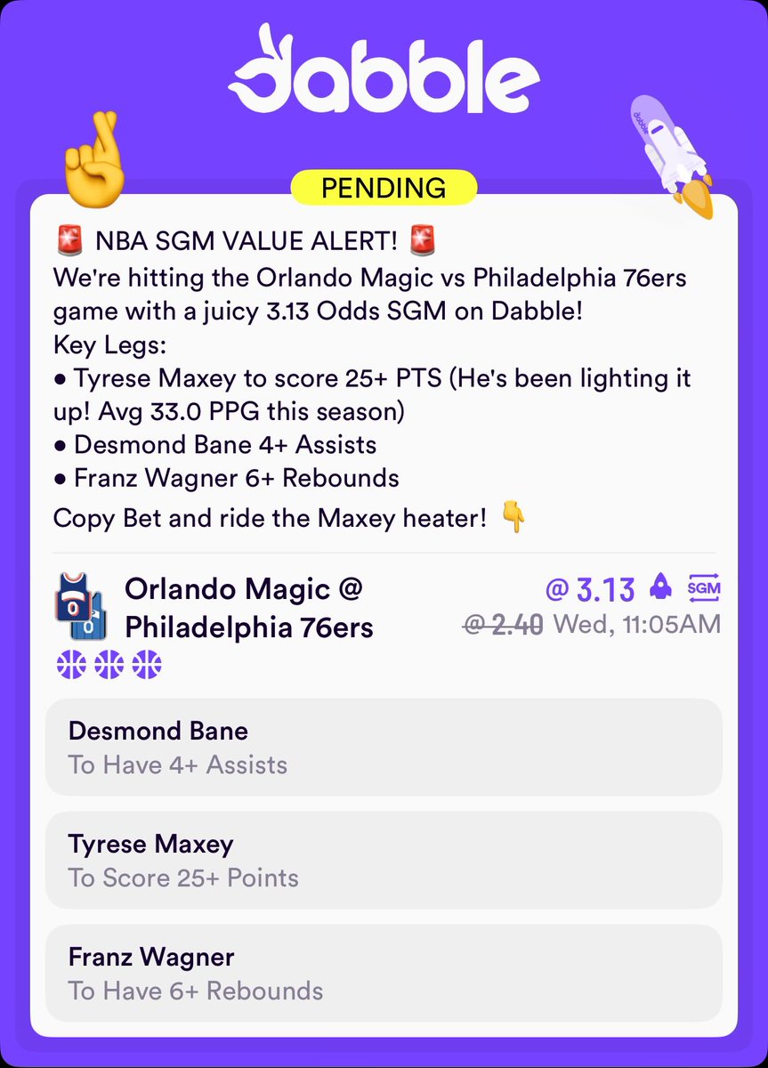 ClarkinBets's tweet image. 🚨 NBA SGM VALUE ALERT! 🚨
We're hitting the Orlando Magic vs Philadelphia 76ers game with a juicy 3.13 Odds SGM on Dabble!

Copy Bet and ride the Maxey heater! 👇
#NBAPicks #SameGameMulti #Dabble #CopyBet #76ers #Magic #Maxey #NBA

click.dabble.com.au/gnUM/az04cawe