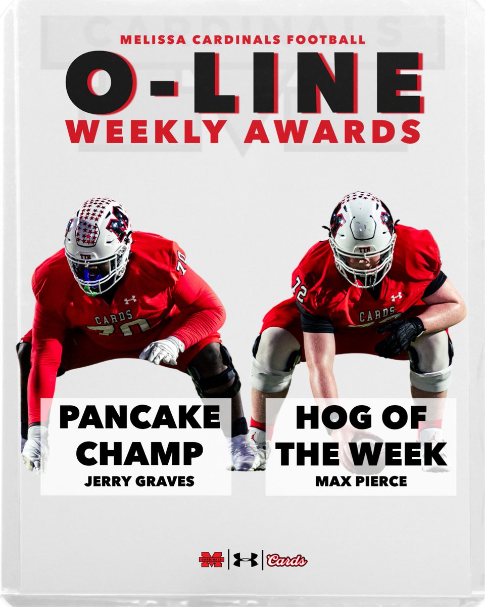 Week 12 OL awards: 
This weeks Hog of the Week- 
<a href="/MaxPierce72/">Max Pierce</a> 
Pancake champ of the week- 
<a href="/thereal_jerry2x/">Jerry Graves</a> 

Proud of these two and the group for taking care of business in round 2! 
<a href="/CoachGonzalez52/">Nick Gonzalez M.Ed</a> <a href="/FootballMelissa/">Melissa Cardinal Football</a>