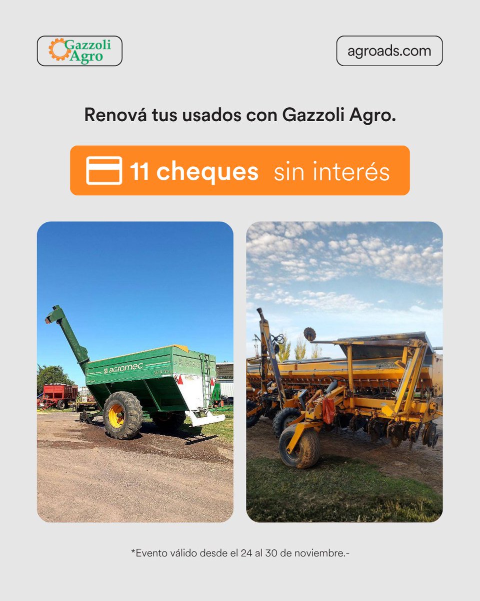 Agroads's tweet image. Comprá fácil y sin interés: hasta 11 cheques para equiparte en un solo lugar. 🔧🚜

Usados seleccionados en tractores, sembradoras, pulverizadoras y más.
Entrá y compará: bit.ly/4rgHEMd

#agroads #gazzoliagro #usados #multirubro #cheques #financiacion #campo #agro