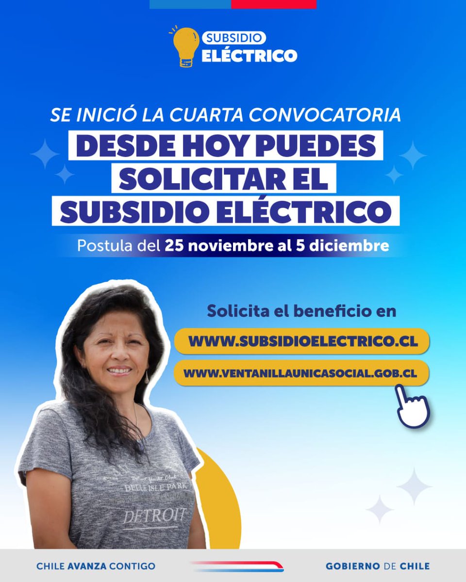 ¡Desde hoy ya puedes solicitar el #SubsidioEléctrico! 💡⚡

Recuerda que para solicitar este beneficio debes pertenecer al 40%  del Registro Social de Hogares. 

Para quienes fueron beneficiados en el 3er proceso, la postulación será automática. subsidioelectrico.cl.