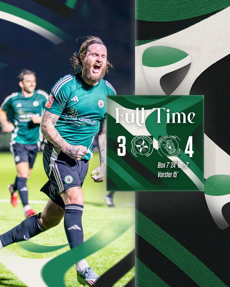 FT: 3-4. IT IS LIMBS IN THE CITY! 

A hattrick from Martyn Box, including a winner in the 97th minute has got Burgess Hill a win for the ages in St Albans. 

Someone get me a defibrillator.