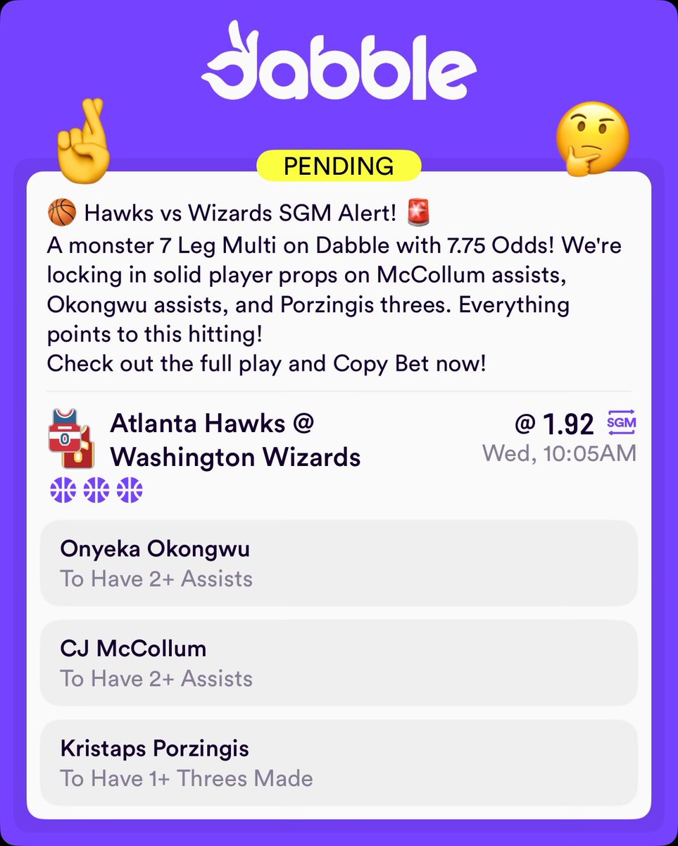 ClarkinBets's tweet image. 🔥 TRIPLE 100% CLUB on an NBA SGM! 🔥
This 7 Leg Multi is anchored by players on a 100% Hit Rate streak💥🏀
Who's Copy Bet-ing this on Dabble? 👇
#NBAPicks #SameGameMulti #Dabble #CopyBet #Hawks #Wizards #SportsBetting #NBA

click.dabble.com.au/gnUM/8i2chd57