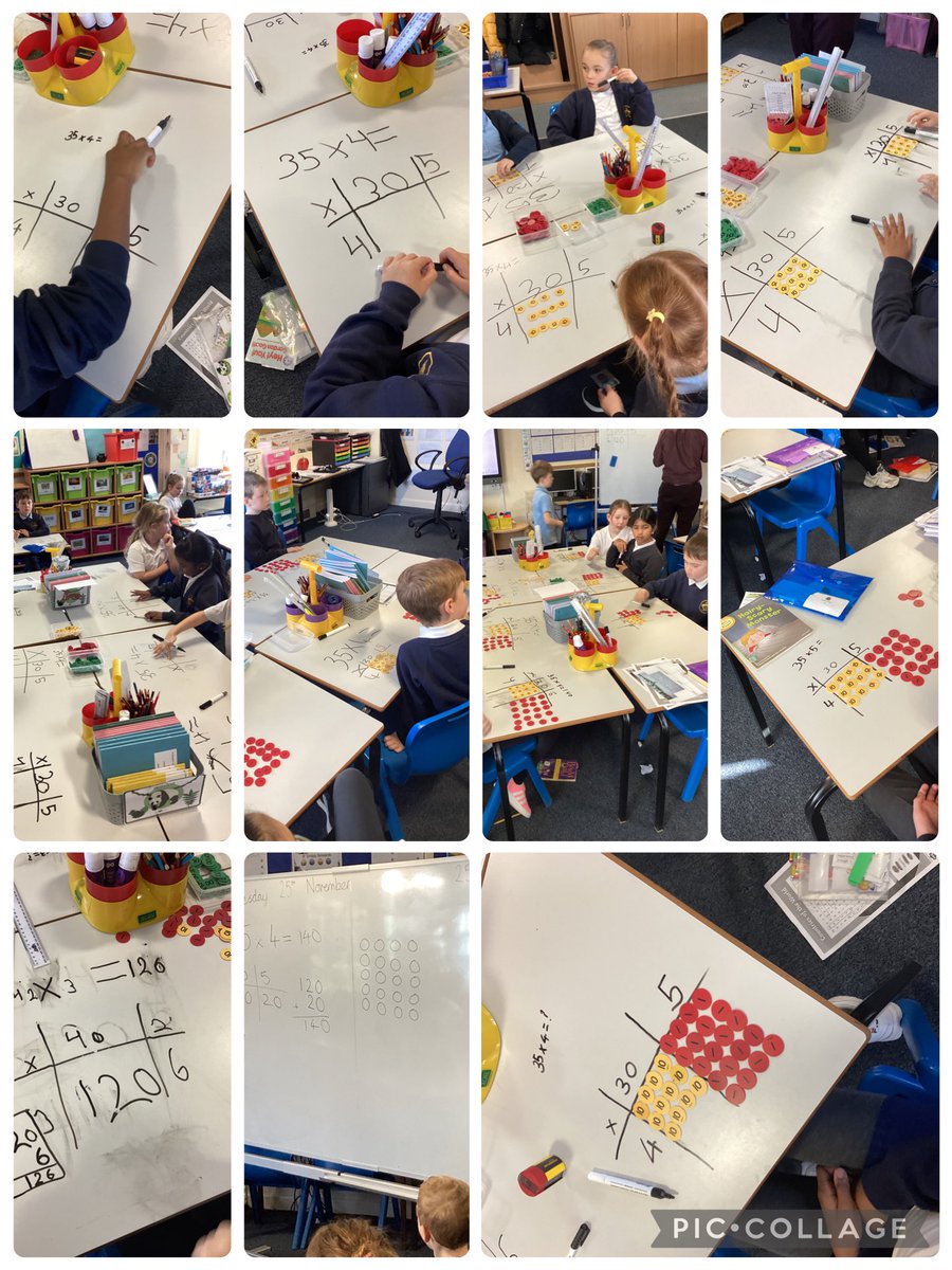 elizcp3's tweet image. We were introduced to the gird method in maths today, allowing us to multiply bigger numbers together. We used counters to help make arrays to see the concrete representation of our math working 🧮