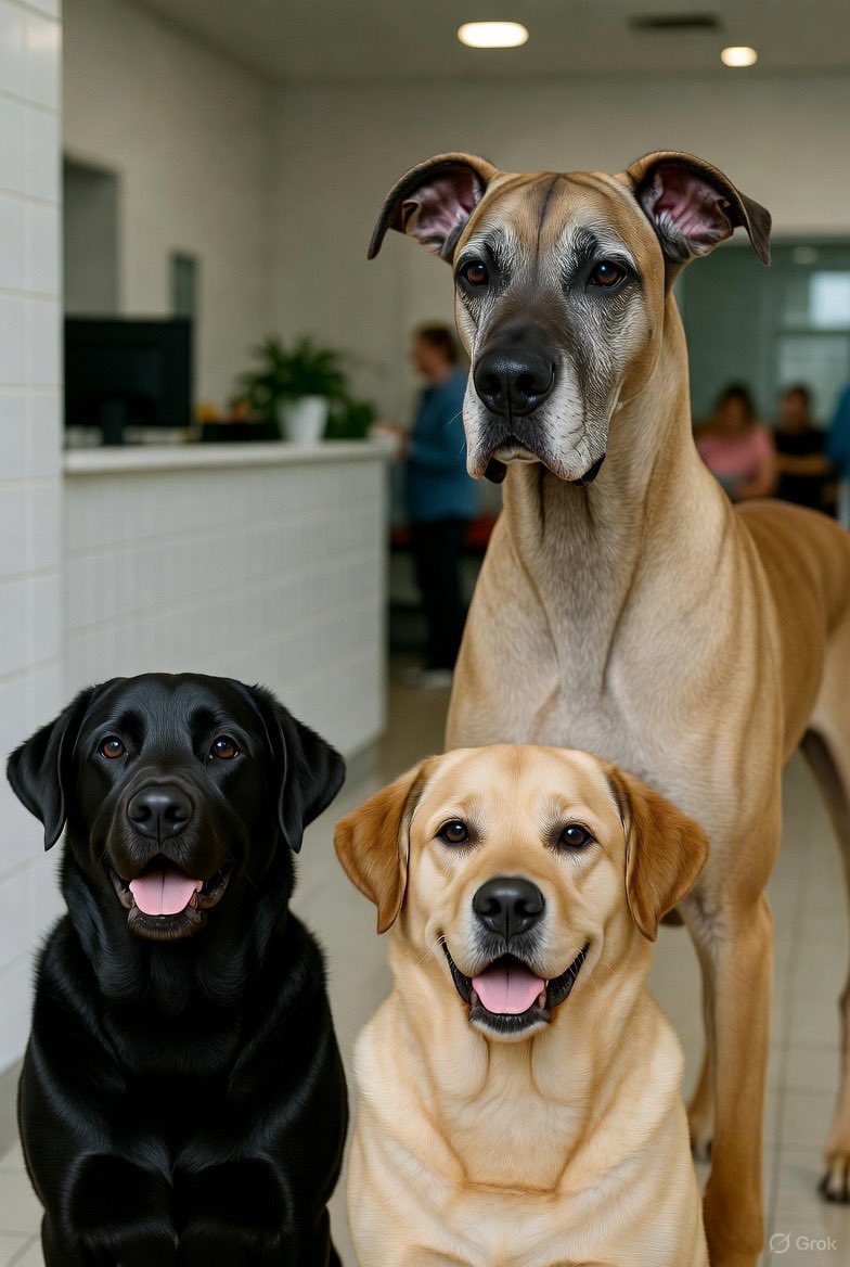 Boldyboy1975's tweet photo. 🤣🤣🤣🤣🤣🐶 Three dogs in the vet waiting room...

Black Lab: “Why you here, bro?”  
Yellow Lab: “I’m a pisser. Piss on everything—sofa, kids, even the bed. They’re cutting my nuts off to calm me down.”  

Black Lab: “Same, man. I’m a digger. Dug a massive hole in the couch last night. Nuts gone.”  

Both look at the Great Dane: “You?”  

Great Dane: “I’m a humper. Hump the cat, the table, fence posts… yesterday the owner bent over naked after a shower and I went to town on her.”  

Black & Yellow Lab: 😬 “So… nuts off for you too?”  

Great Dane: “Nah, just getting my nails clipped.”  

💀😂 #DogLogic🤣🤣🤣🤣
