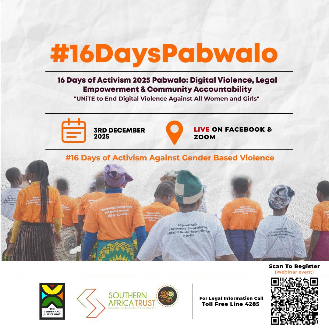 GJU_Malawi's tweet photo. Join us for our second Pabwalo Dialogue! This time hosted in partnership with @SthrnAfrcaTrust as part of our of observation of this year's #16DaysOfActivism the #16DaysPabwalo will focus on accountability for digital violence. Join us in the circle https://t.co/O2fId8ZKtS https://t.co/dmfFnMAUFT
