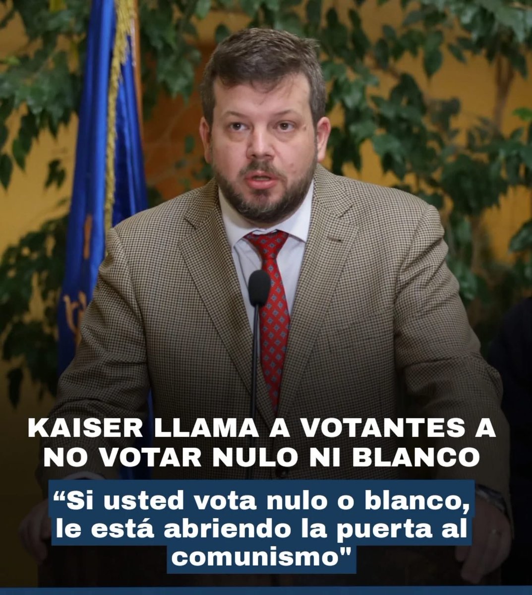 KAISER LLAMA A VOTANTES A NO VOTAR NULO NI BLANCO
“Si usted vota nulo o blanco, le está abriendo la puerta al comunismo. Y eso puede significar que sea la última vez que usted vote para elegir un presidente”. 

"Usted quiere que Chile sea como Nicaragua, Cuba o Venezuela, dónde