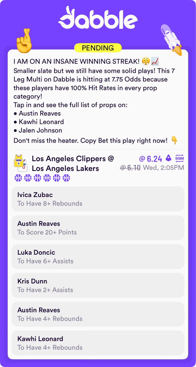 ClarkinBets's tweet image. This 7 Leg Multi on Dabble is hitting at 7.75 Odds
🏀💥🏀💥
Don't miss the heater. Copy Bet this play right now! 👇
#Dabble #CopyBet #NBAPicks #WinningStreak #SportsBetting #NBAProps #SameGameMulti

click.dabble.com.au/gnUM/fdvfb02y