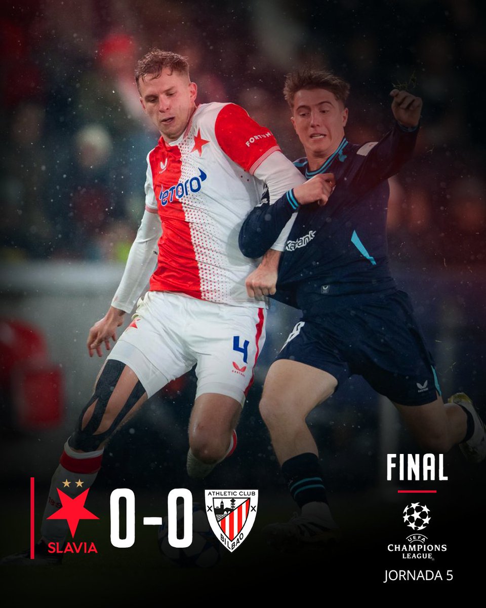 AthleticClub's tweet image. 🔚 𝗙𝗜𝗡𝗔𝗟

El Athletic suma un punto en la quinta jornada de la @ChampionsLeague a pesar de haber tenido muy cerca el gol de la victoria.

🔨 Lanean jarraitzera, lehoiak!

#SlaviaPrahaAthletic #UniqueInTheWorld 🦁