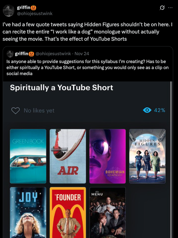 JFC I somehow ended up on pretentious film twitter. It's been a long time since I've been here and it's fucking exhausting.