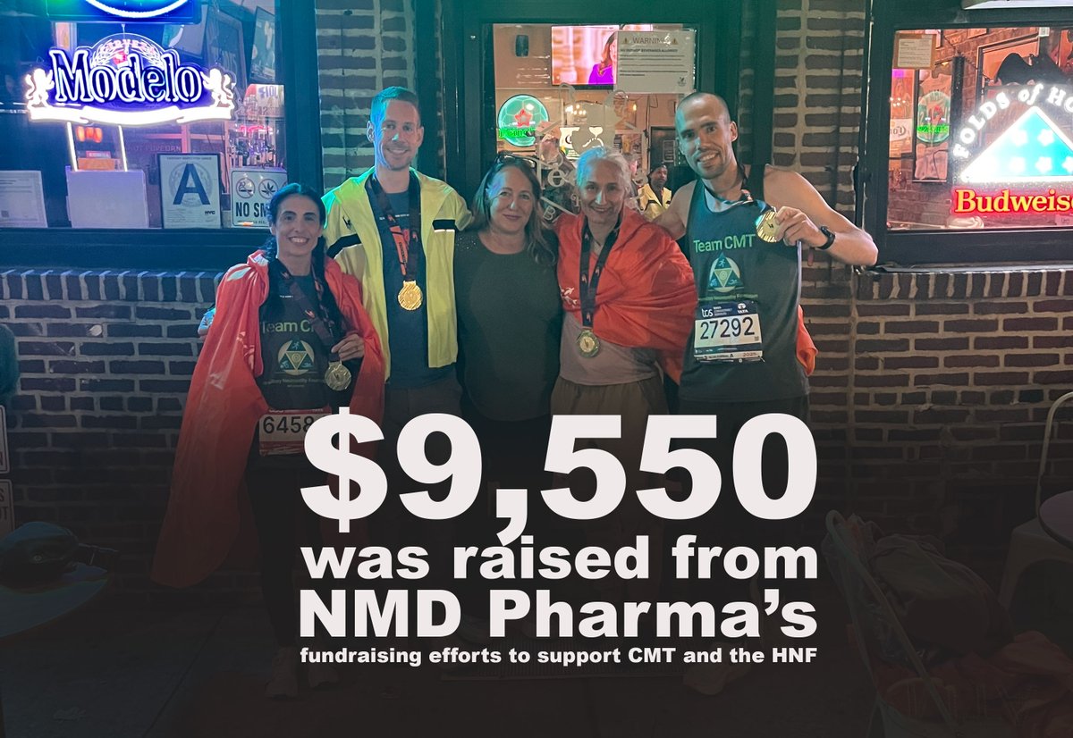 NMDPharma's tweet photo. We're thrilled to share that $9,550 was raised from the fundraising effort supporting the @CMTNeuropathy #HNF at the recent TCS New York City Marathon. These funds will support HNF's mission to increase awareness and accurate diagnosis of Charcot-Marie-Tooth disease #CMT and related inherited neuropathies, fund critical research, and support families affected by these conditions.
At NMD Pharma, active participation with and supporting the patient communities we aim to serve is fundamental to our mission. We're proud to collaborate with organizations like the HNF that are making a real difference in the lives of people living with CMT through advocacy, education, and research advancement.
Thank you to everyone who participated, donated, and showed their support. We were happy to join Allison Moore from HNF and Jenneen DeFiore from Thermo Fisher Scientific after the race with many others from the community. Together, we remain passionate above movement and are taking important steps toward better outcomes for the CMT community.
Learn more about our work in CMT here: https://t.co/Hw4D3eZEu7
#NYCMarathon #HereditaryNeuropathyFoundation #CharcotMarieToothDisease #RareDiseases #NeuromuscularDisease #Innovation #LifeSciences #Awareness
