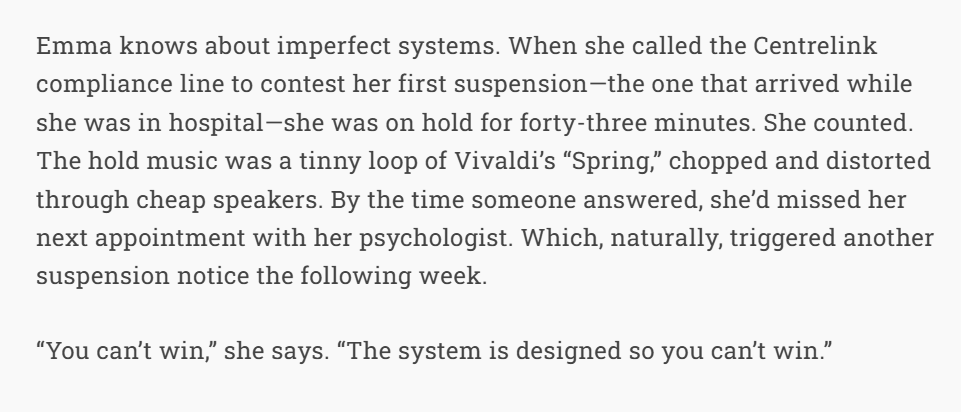 Here, again, is the human cost of the government's unlawful system of payment suspensions 

Constant cycles of punishment that you cannot escape - even when you're in hospital kingaroy.org/invisible-casu…