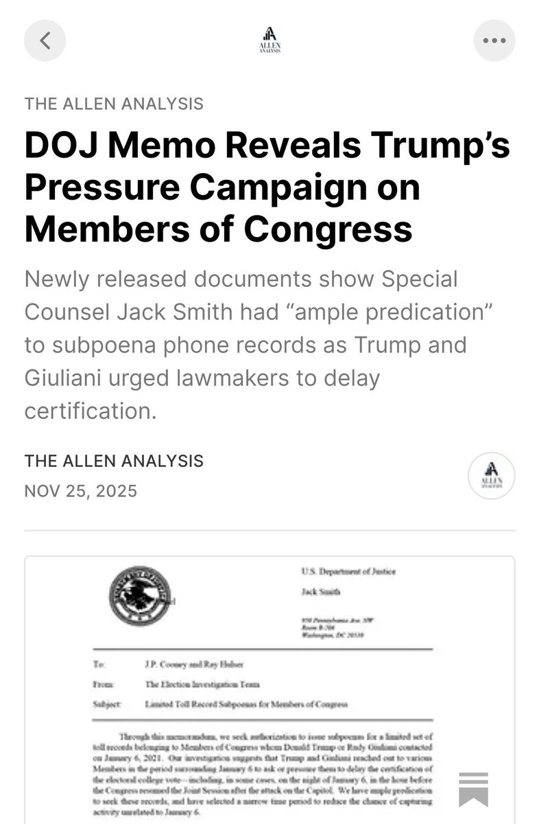 🚨NEWS: DOJ memo blows the whole cover-up wide open.

Trump and Giuliani weren’t just “talking” to Congress around January 6, they were pressuring members on the night of the attack to help overturn the election before the joint session resumed.

Smith followed the law. He