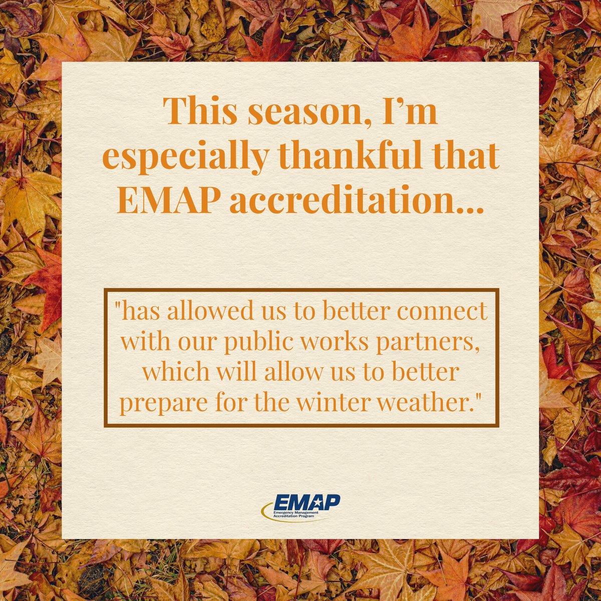 EMAP_US's tweet image. Today, we are sharing more reflections from our programs on the value of EMAP accreditation. We asked them to reflect on the statement: &quot;This season, I am especially thankful that EMAP accreditation _________.&quot;

#EMAP #Thankfulness #EMGChat #EmergencyManagement