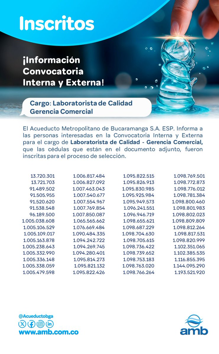 #ambInforma a las personas interesadas en la Convocatoria Interna y Externa para el cargo Laboratorista de Calidad - Gerencia Comercial, que las siguientes cédulas fueron inscritas para el proceso de selección👉amb.com.co/amb/inscritos-…