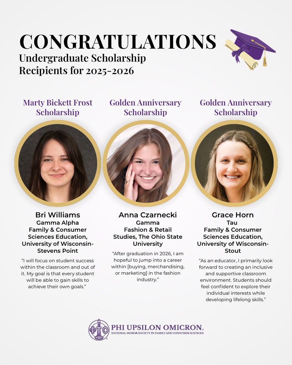 We’re honored to spotlight three more of our incredible undergraduate scholarship recipients for 2025-2026. 💜 Join us in celebrating their hard work and impact within Family and Consumer Sciences! 👏