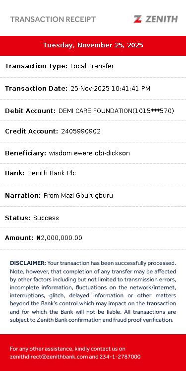 Hello <a href="/Wizarab10/">Sir Dickson</a> , I sent 2M via Demi Care Foundation . Dr Amadi Chima (Mazigburuguru) asked me to give her this token , I got your handles on the #SaveEsther with the account number since I couldn’t reach her directly . Thanks for all you do

Cc : <a href="/Nimisioluwa/">Idanssssssss</a> 
<a href="/AUNTYMUSE_/">AUNTYMUSE</a>  🙏