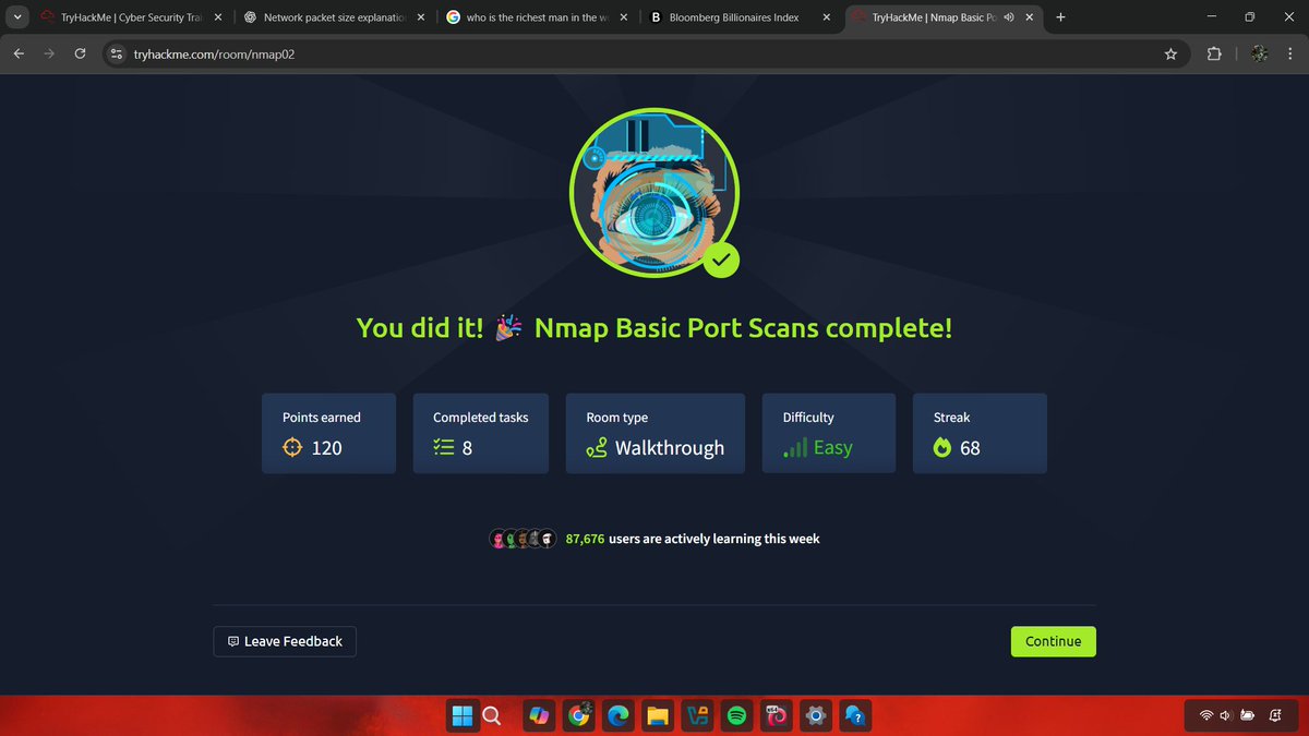 Becoming a Security Researcher with <a href="/4osp3l/">Gospel</a> as my mentor — Day 36

- Wrapped up the Nmap Basics Port Scan room on THM, reinforcing my understanding of how different scan types reveal host and service information. Also spent time listening to a few cybersecurity podcasts