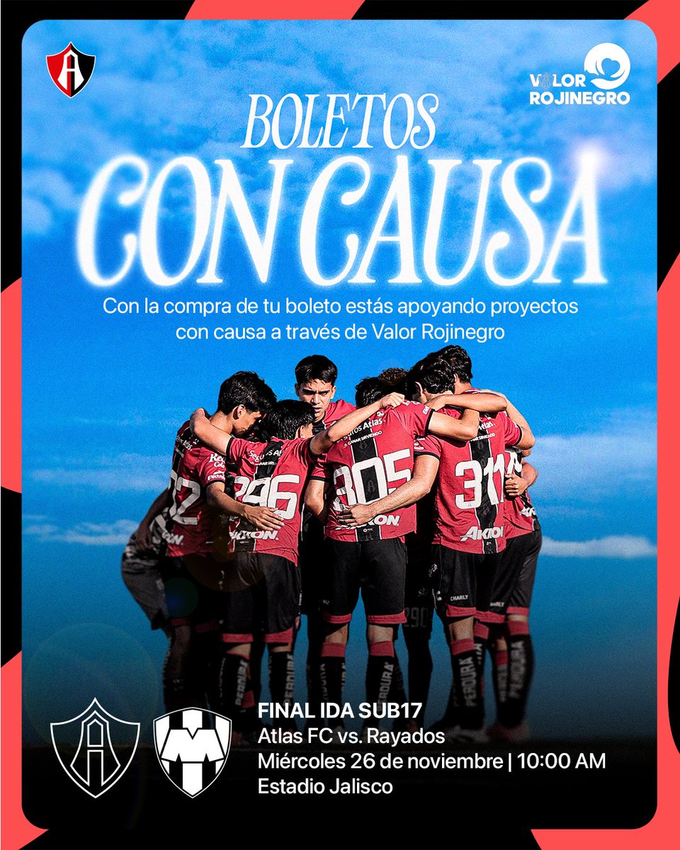 ProfeAtlas's tweet image. ¡Final Sub 17 en el Estadio Jalisco! ❤️🖤

Adquiere tus boletos con causa y estarás apoyando a proyectos con causa de Valor Rojinegro. 🎟️

¡Ya están disponibles en: atlasfc.com.mx/boletos