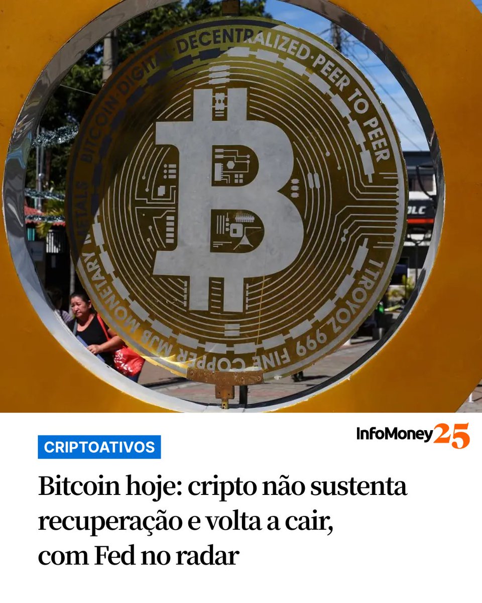 CRIPTOATIVO FECHOU EM US$ 86 MIL

O bitcoin voltou a cair nesta terça (25), após não conseguir sustentar a alta registrada no dia anterior, com o mercado de criptoativos sob pressão diante da espera por novos dados econômicos dos EUA e da indefinição sobre cortes de juros pelo