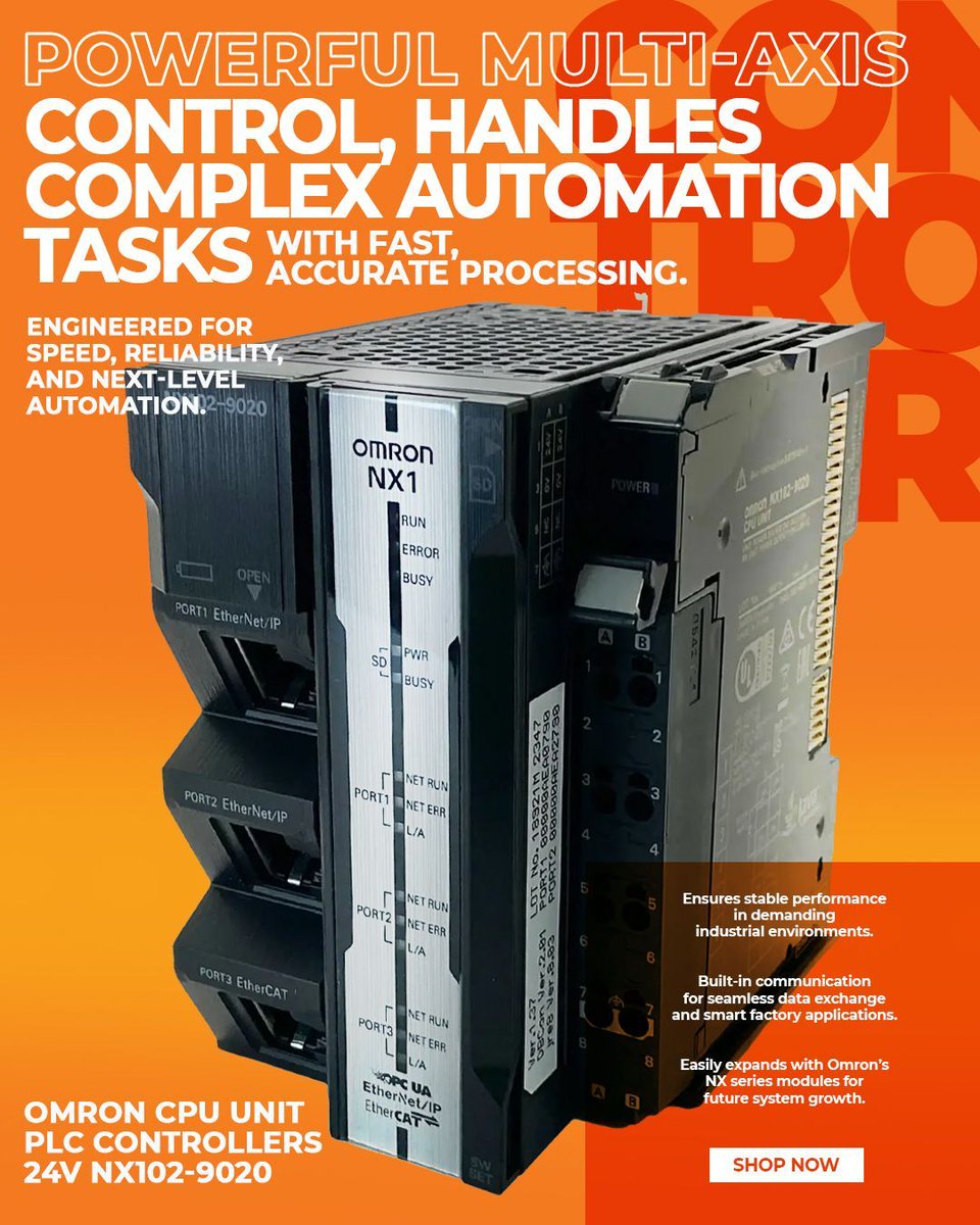 iewarehouse1974's tweet image. The Omron NX102-9020 PLC delivers fast processing, IIoT connectivity, and reliable 24V performance for modern automation.

Shop now at Industrial Electrical Warehouse.
#PLC #Omron #AutomationTech #IndustrialControl #SmartFactory
