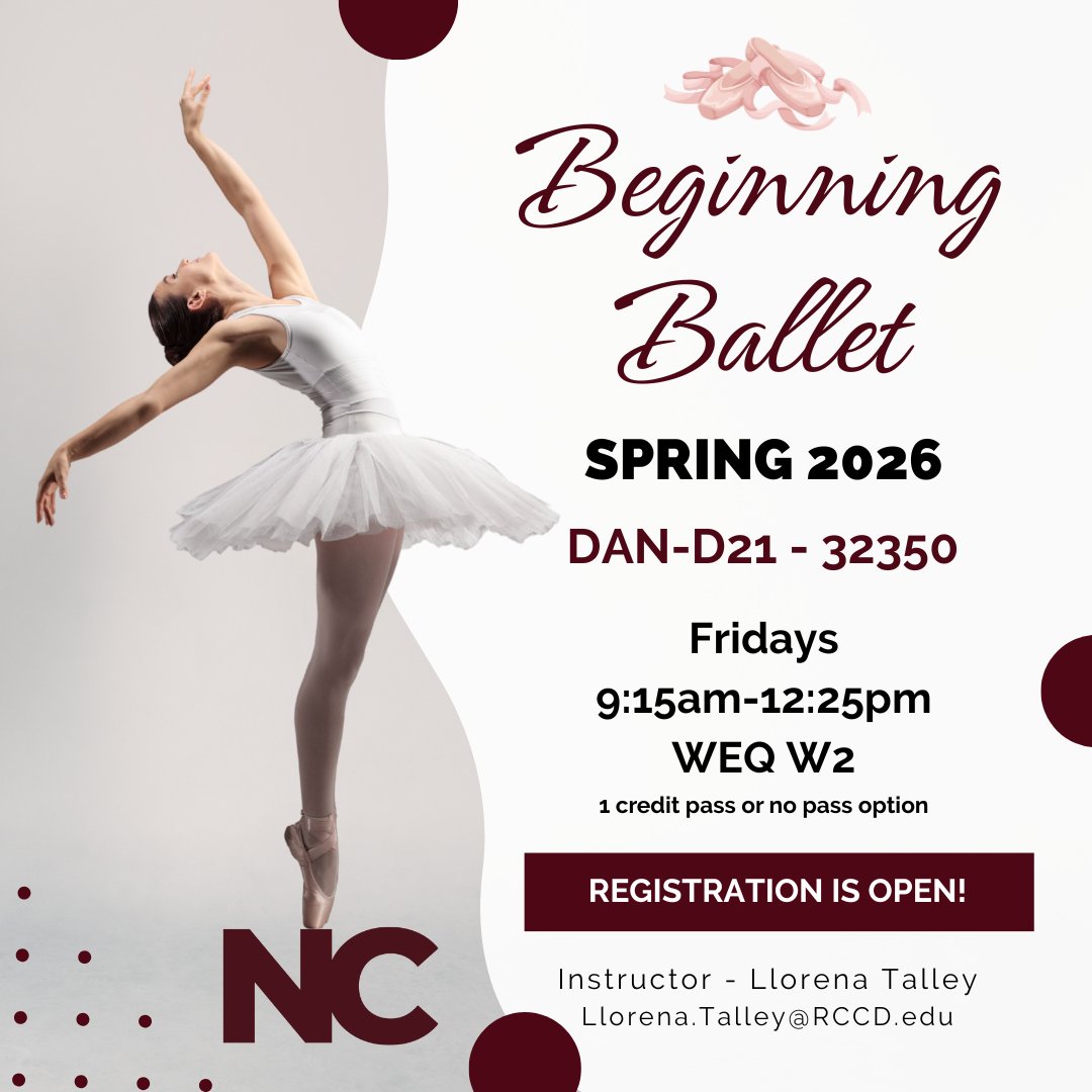 NorcoCollege's tweet image. 🌟 Ready to dance into spring? Join us for our Beginning Ballet class! 🩰 

📅 Spring semester: 2/20/26 - 6/12/26  
📧 For more info, contact: Llorena.Talley@rccd.edu

Don&apos;t miss your chance with us! 1 unit.

#NorcoCollegeDance #springsemester