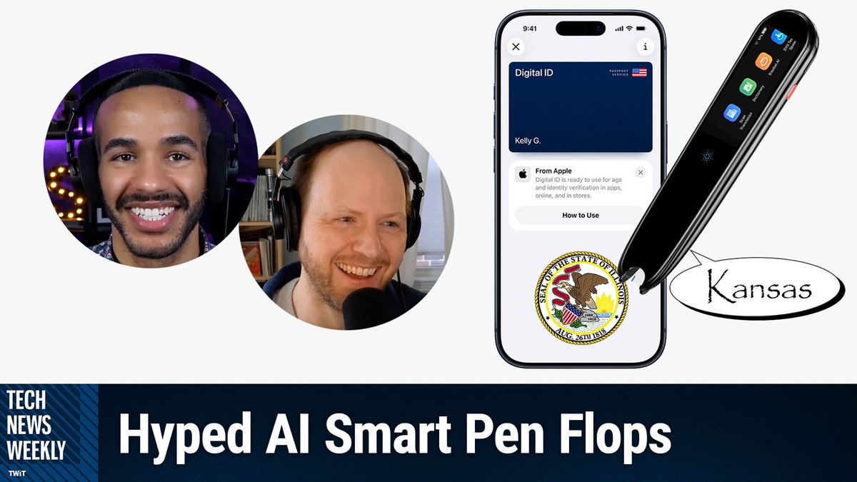 TWiT's tweet image. Would you trust an AI smart pen for schoolwork? Mikah Sargent and @DMoren test the hype, unpack an alarming AI toy incident, and look at Apple Wallet’s expanding mobile IDs.
Watch the episode: twit.tv/shows/tech-new…