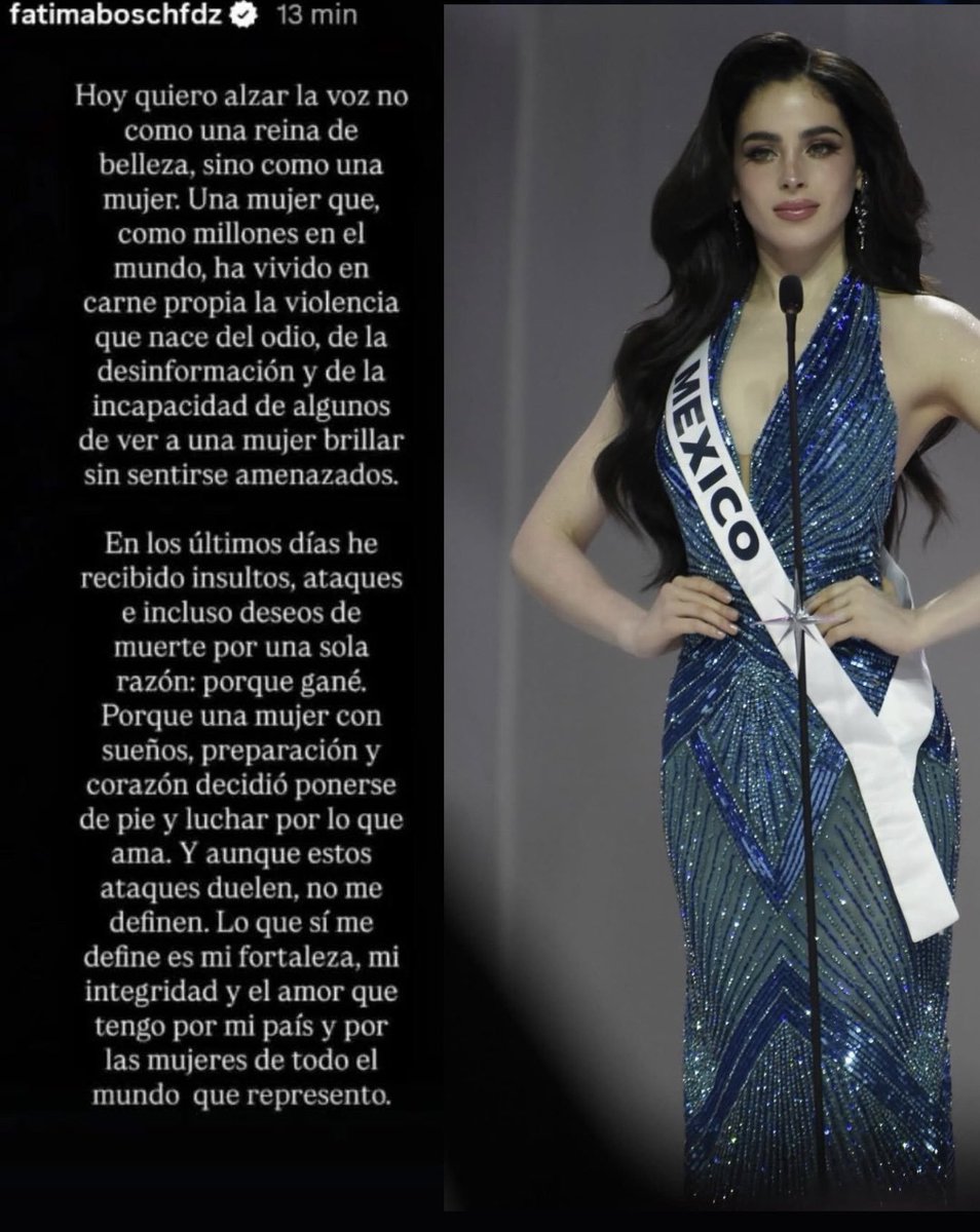 quesesepamx's tweet photo. 😱 Fátima Bosch, Miss Universo 2025, denunció #violencia en su contra tras haber ganado el certamen en medio de señalamientos de fraude por parte de exjurados.

En #Instagram, contó que ha recibido mensajes exigiendo que regrese la corona e incluso deseándole la muerte. https://t.co/3tAPRC2VD9