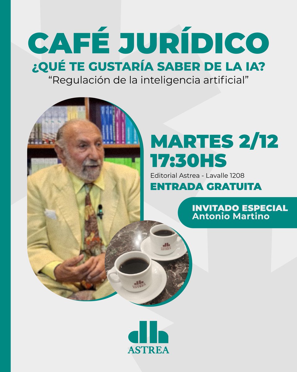 ☕ ¿Amenaza u Oportunidad? ¿Cómo se Regulan los Algoritmos? ¿Qué son los 'Sandbox' Regulatorios?
Astrea tiene el honor de invitarlos a un nuevo Café Jurídico. El encuentro estará dedicado al análisis de la regulación de la IA. Contaremos con la presencia del Dr. Antonio Martino.