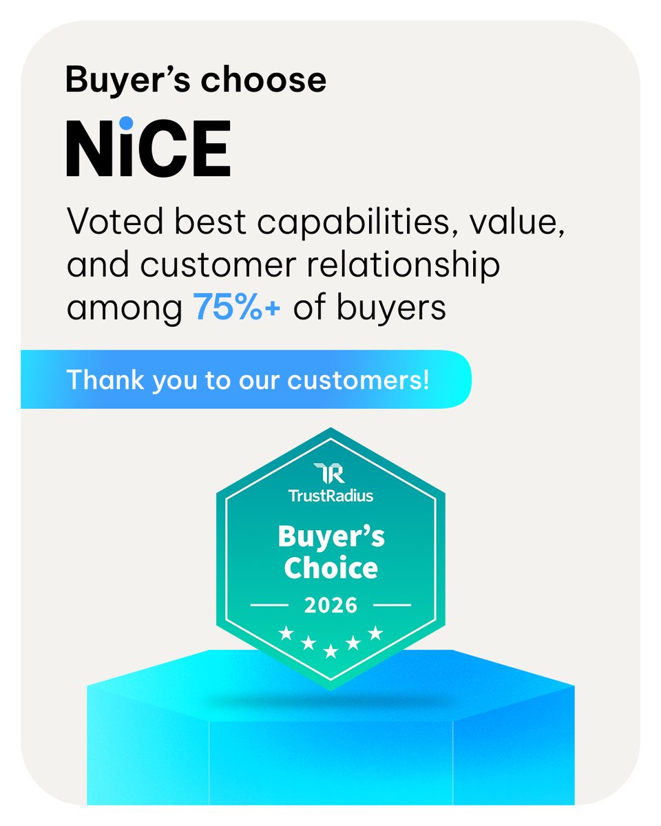 I'm so excited to share that <a href="/NiCEltd/">NiCE</a> was named a 2026 <a href="/TrustRadius/">TrustRadius</a> Buyer’s Choice Award winner! 🏆 Want to see why people choose NiCE? Check it out: bit.ly/4epUKQW