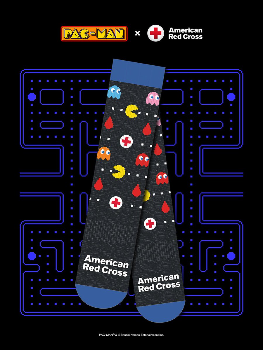 RedCross's tweet image. We’re chomping this new merch up! Come to give blood or platelets through Dec. 7 for an exclusive pair of Red Cross x PAC-MAN socks, while they last. Join the PAC and make an appointment to give: rdcrss.org/3Kdf919

Level up: You’ll also get a custom Red Cross x PAC-MAN…
