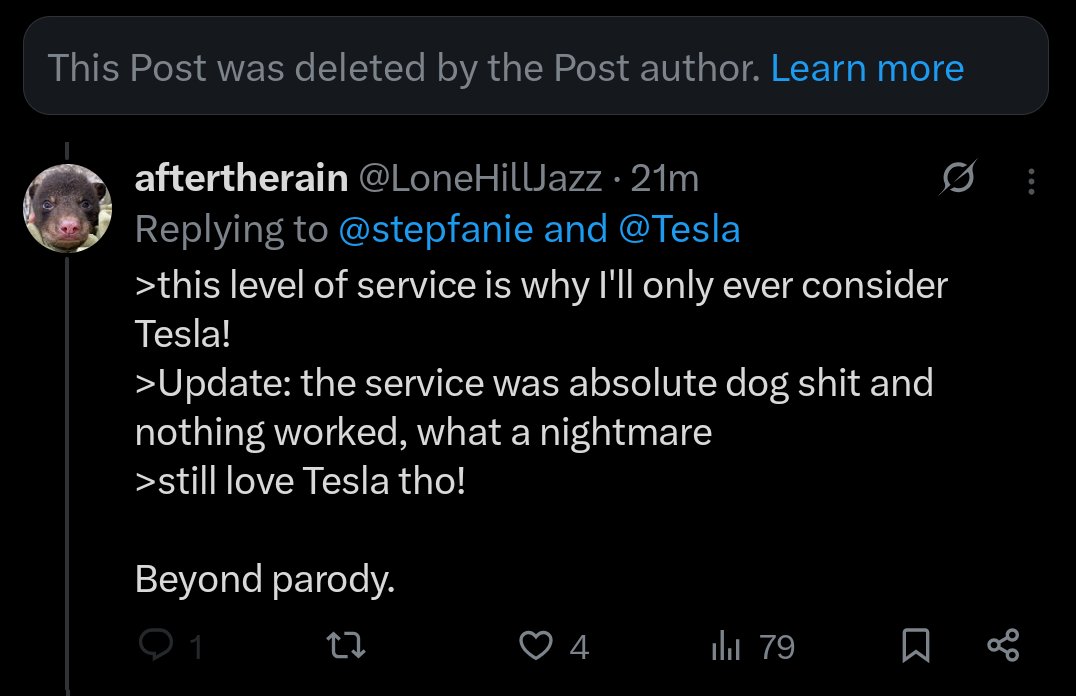 TraneingIn's tweet photo. @stepfanie @LoneHillJazz @Tesla Imagine getting BTFO so hard that you block the guy who called your hypocrisy out and delete the post he commented under out of shame.

Absolutely cuckoldry, very shameful. https://t.co/HccBTyYMtm
