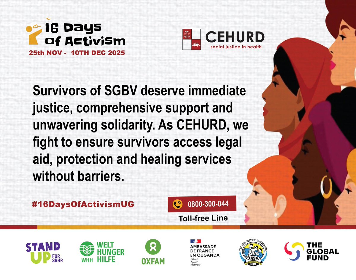Survivors of SGBV deserve immediate justice, comprehensive support and unwavering solidarity.

Let's stand with <a href="/cehurduganda/">CEHURD Uganda</a> in ensuring every survivor can access legal aid, protection, and healing without barriers.

#16DaysOfActivismUG