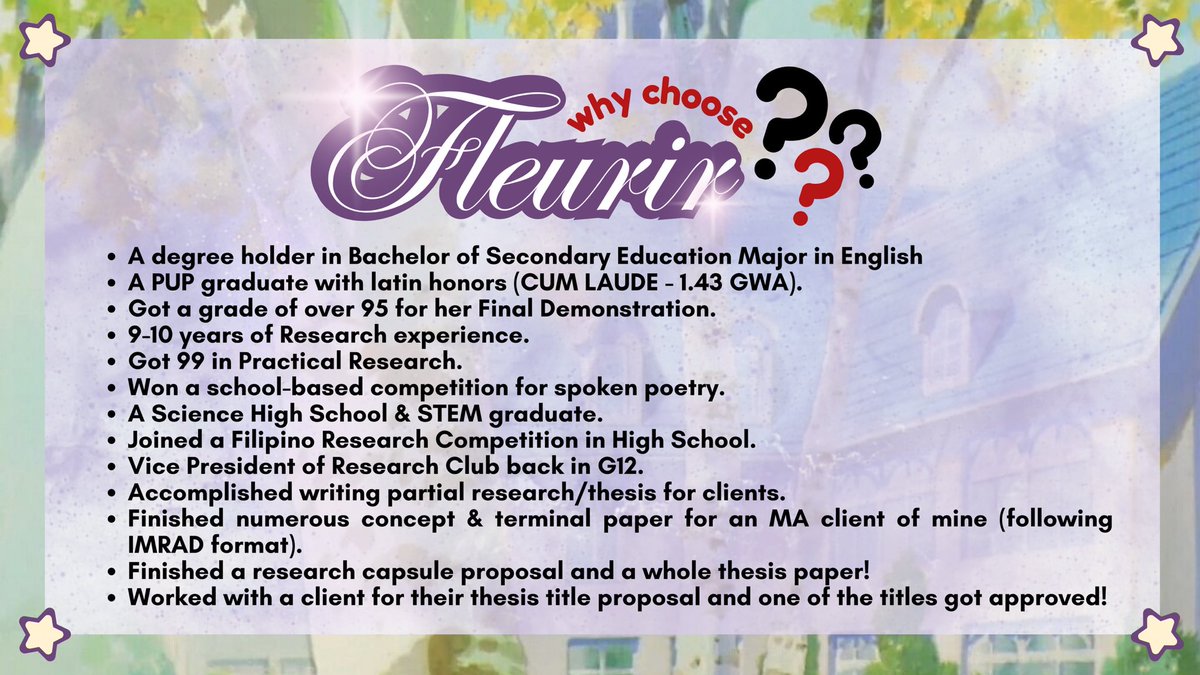 commsnifleurir_'s tweet image. ✨ Hello, I’m Fleu &amp;amp; I have 𝟏𝟎 𝒚𝒆𝒂𝒓𝒔 𝒐𝒇 𝒆𝒙𝒑𝒆𝒓𝒊𝒆𝒏𝒄𝒆 𝒊𝒏 𝒓𝒆𝒔𝒆𝒂𝒓𝒄𝒉 𝒘𝒓𝒊𝒕𝒊𝒏𝒈! I believe I can help you with this!