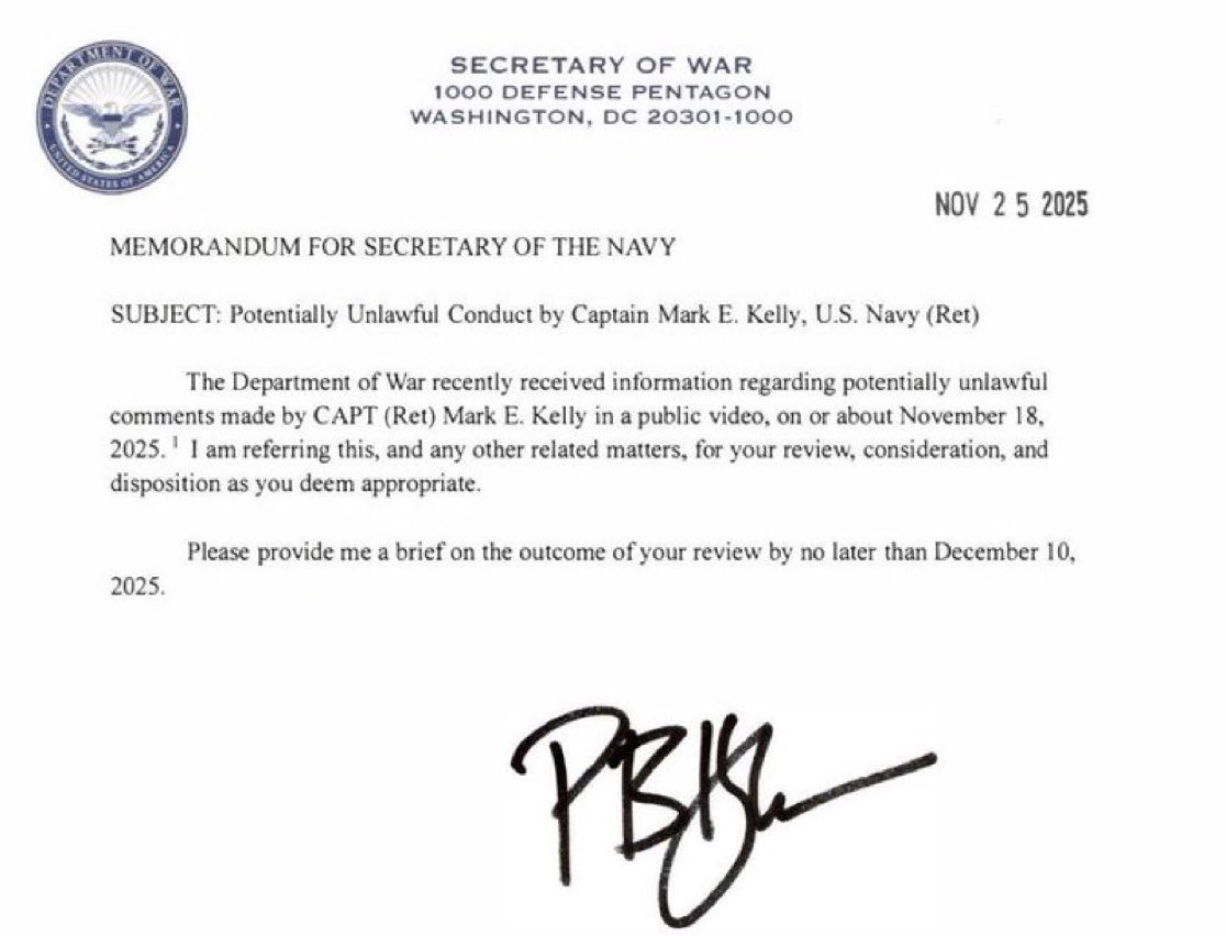 ⚡️Pete Hegseth has requested a briefing on the review of Senator Mark Kelly’s (D-AZ) conduct by December 10.