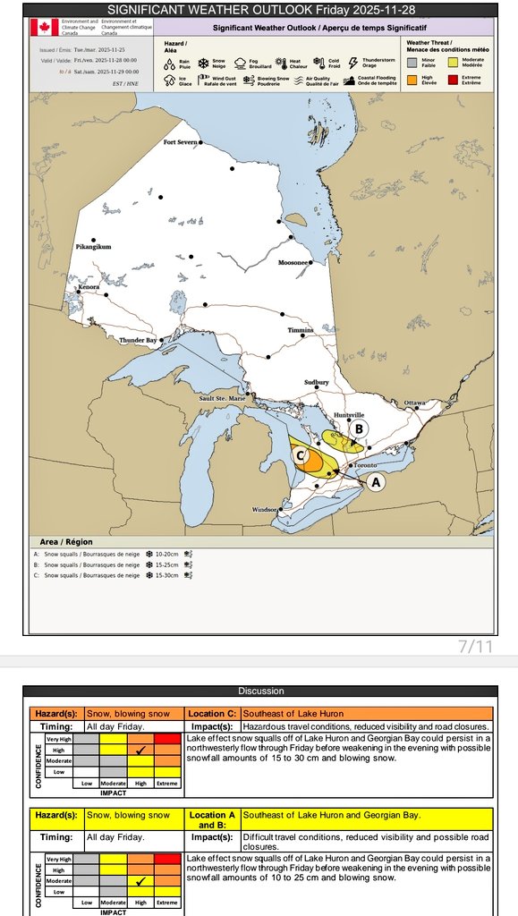 Latest Significant Weather Outlook from <a href="/ECCCWeatherON/">ECCC Weather Ontario</a> for Thursday and Friday (HIGH RISK for both days east of Lake #Huron)👇 

Thursday- 5 to 30cm of snow, 80km/hr wind gusts and blowing snow across parts of the snowbelts

Friday- 10 to 30cm of snow and blowing snow across